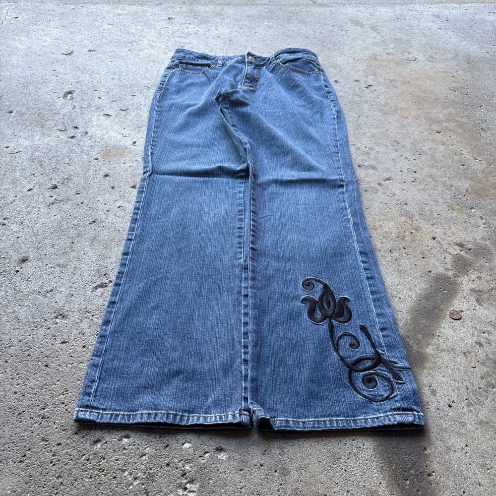 Coldwater Creek Womens Blue Embroidered Flare Leg Jeans Size 12 Boho Denim